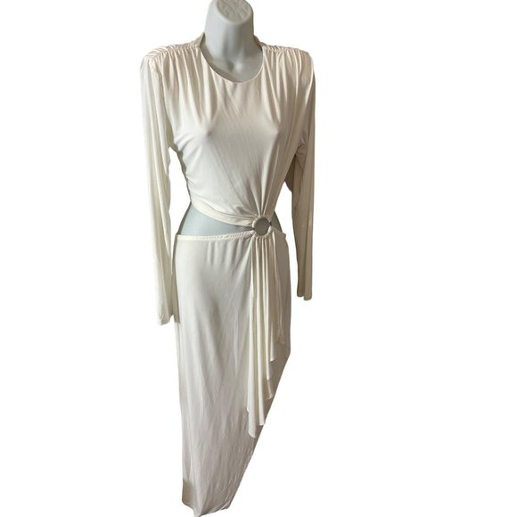 Off-White Elegance New Bodycon Dress with Shoulder Pads and Cutout Side Medium - Picture 1 of 5
